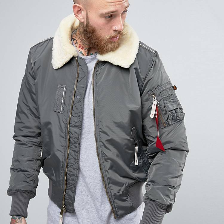 Alpha Industries Bomber Jacket With Sheep Fur Collar In Slim Fit Gray | ASOS