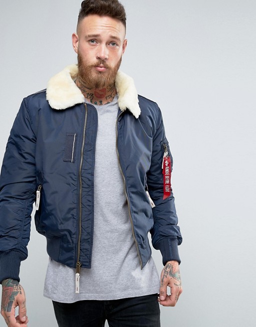 Alpha Industries Bomber Jacket With Sheep Fur Collar In Slim Fit Navy ...