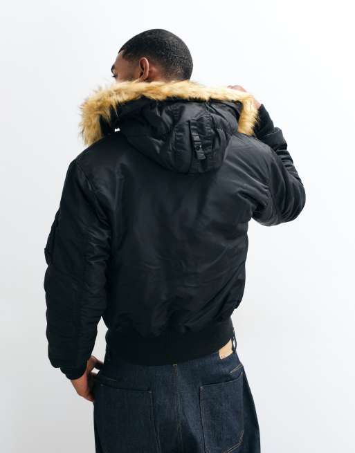 Alpha Industries bomberjakke med hætte og imiteret pels i sort, 3 af 5