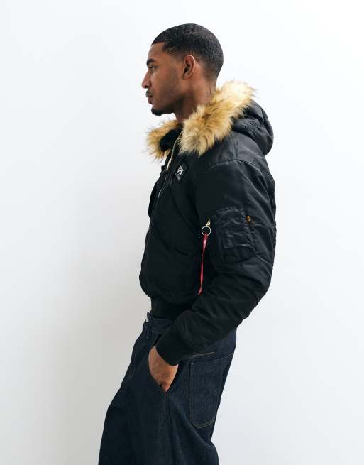 Alpha Industries bomberjakke med hætte og imiteret pels i sort, 5 af 5