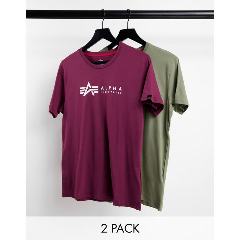  Confezioni multipack Alpha Industries - Confezione da 2 t-shirt oliva e bordeaux con etichetta con logo