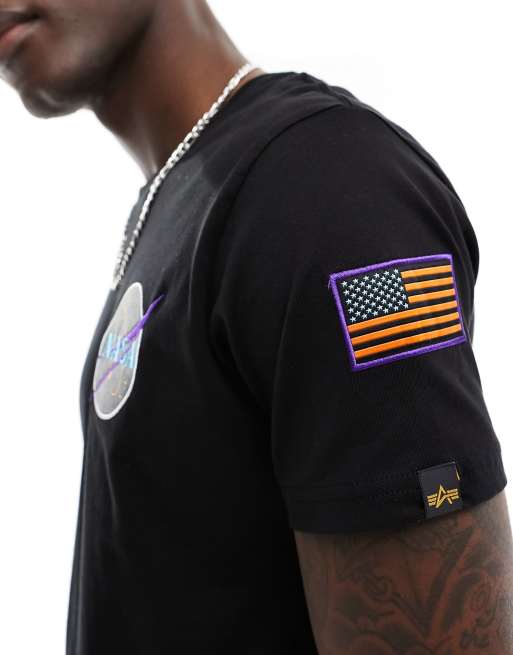 Alpha Industries – Czarny T-shirt z nadrukiem wahadłowca na plecach, 3 z 4