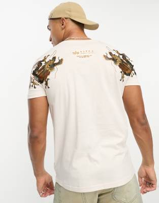 Alpha Industries Alpha Industries dragon back embroidery t-shirt in cream-White