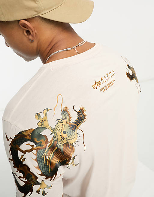 Alpha Industries dragon back embroidery t-shirt in cream | ASOS