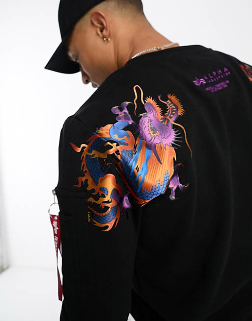 Alpha Industries dragon embroidery crew neck sweatshirt in black | ASOS
