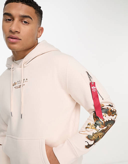 Alpha Industries dragon embroidery hoodie in cream | ASOS