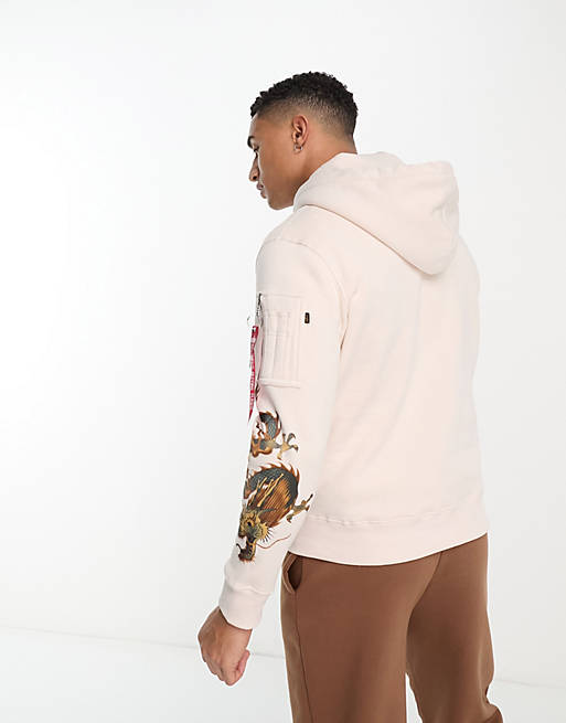 Alpha Industries dragon embroidery hoodie in cream | ASOS