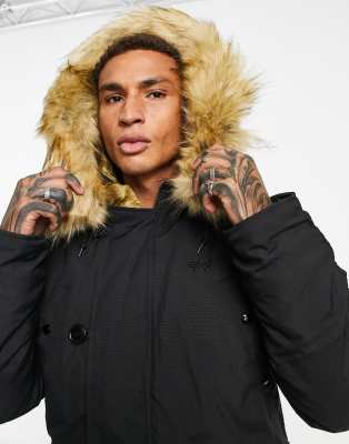 black faux fur trim hooded parka