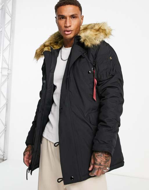 Alpha Industries – Explorer – Svart parkaskappa med avtagbar huva med fuskpäls