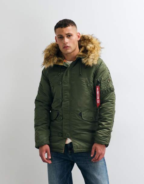 Alpha Industries faux fur hooded bomber jacket in sage green - view 1