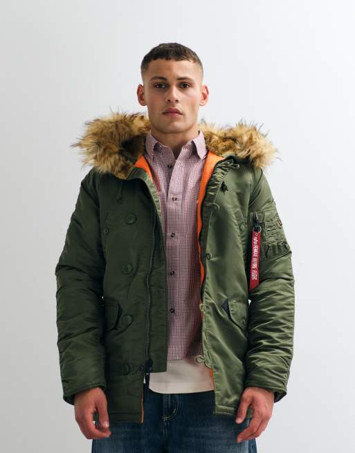 Alpha Industries faux fur hooded bomber jacket in sage green, 3 of 5