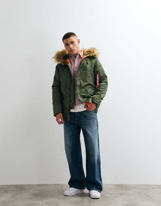 Alpha Industries faux fur hooded bomber jacket in sage green, 5 of 5