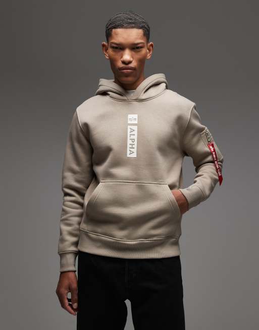 Alpha Industries - Felpa color pietra con cappuccio e logo tono su tono