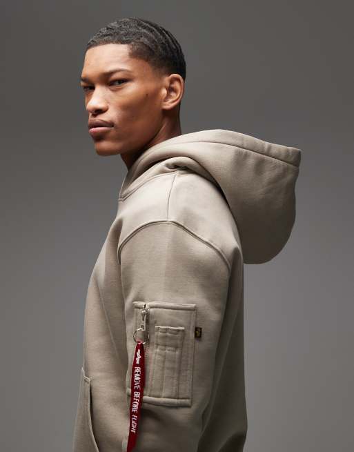 Alpha Industries - Felpa color pietra con cappuccio e logo tono su tono, 4 di 5