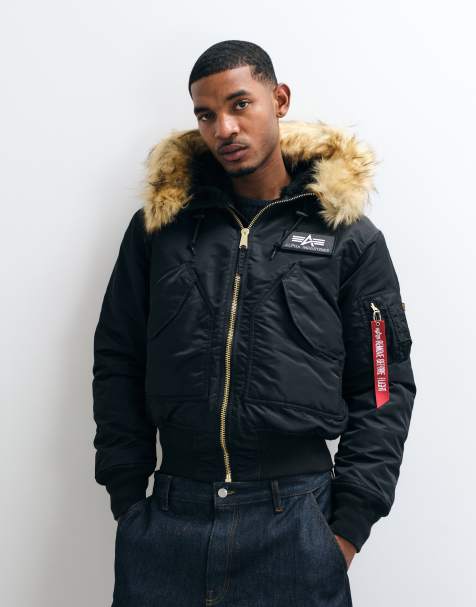 Alpha Industries giacca bomber con cappuccio in pelliccia sintetica nera - view 1