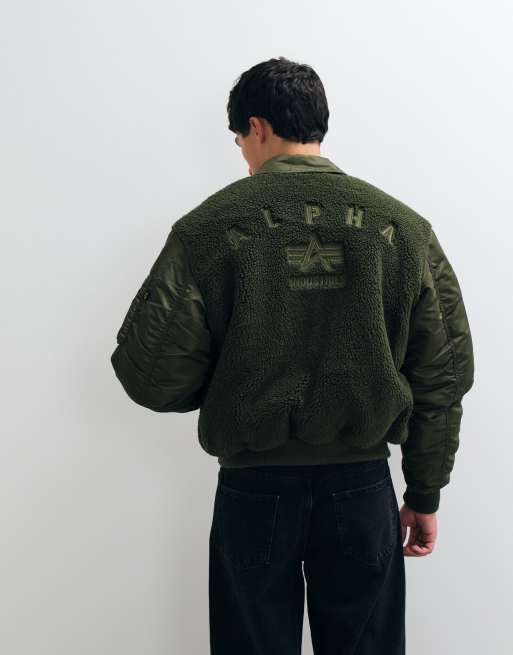 Alpha Industries giacca bomber con inserti teddy borg in verde oliva scuro, 2 di 5