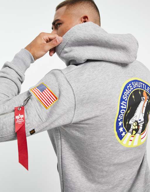 Alpha Industries - Gråmeleret hættetrøje med NASA-logo og 'Space Shuttle'-print på ryggen, 3 af 4