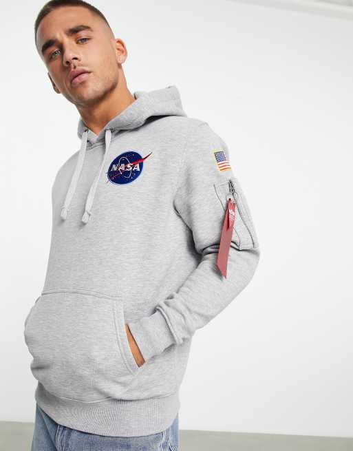 Alpha Industries - Gråmeleret hættetrøje med NASA-logo og 'Space Shuttle'-print på ryggen, 4 af 4