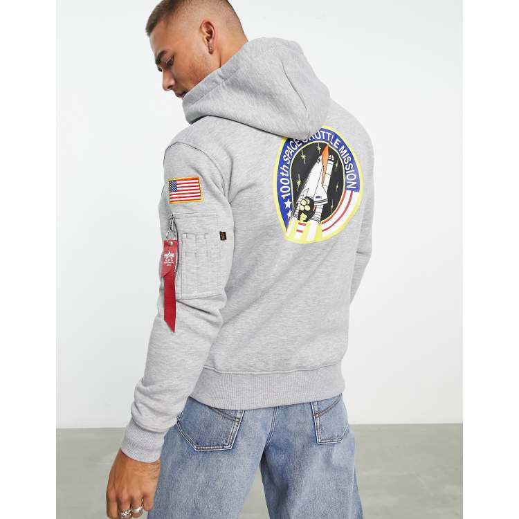 Alpha Industries – Grau melierter Kapuzenpullover mit Nasa Space