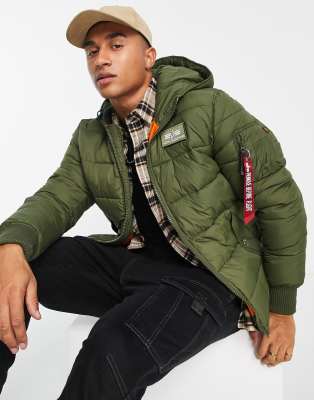 Alpha Industries hooded logo puffer jacket in dark green