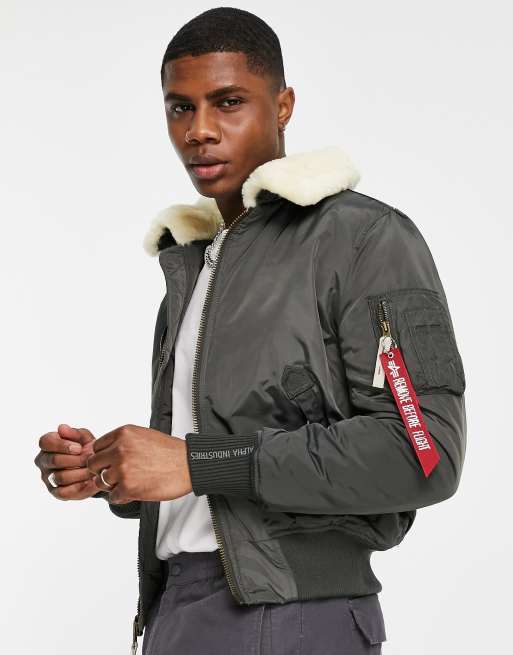 Alpha Industries - Injector III - Bomber ajusté avec col en peau de mouton - Gris noir