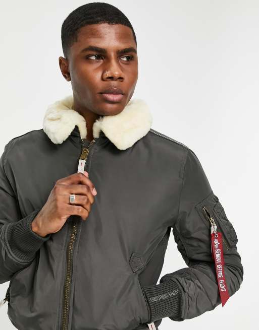 Alpha Industries Injector III slim fit shearling collar flight bomber jacket in grey black ASOS