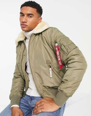 Alpha Industries Injector III slim fit shearling collar flight bomber jacket in stratos beige