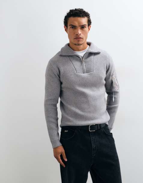 Alpha Industries knitted quarter zip jumper in silver grey - view 1