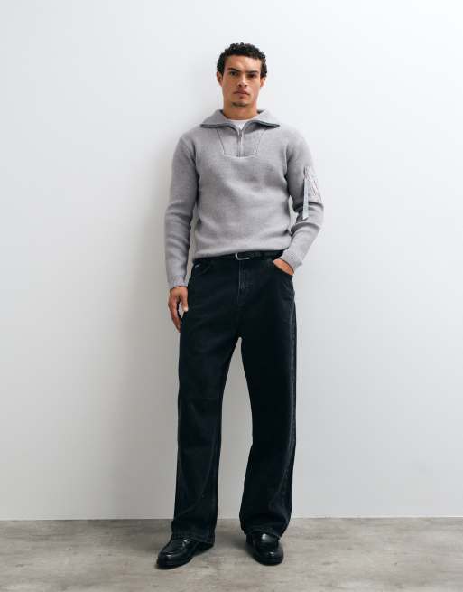 Alpha Industries knitted quarter zip jumper in silver grey, 3 of 5