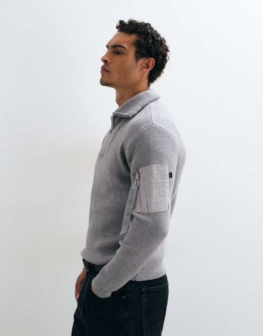Alpha Industries knitted quarter zip jumper in silver grey, 4 of 5