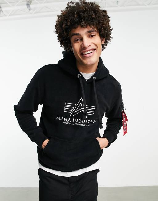 Alpha Industries logo front polar fleece hoodie in black | ASOS