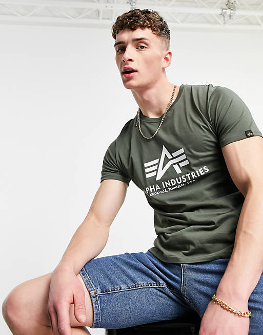 Alpha Industries logo print t-shirt in olive green | ASOS