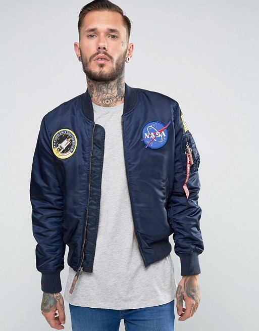 Alpha Industries MA-1 Bomber Jacket With NASA Patches In Navy Slim Fit ...