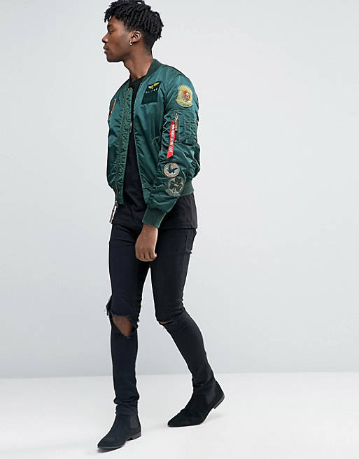 Alpha Industries MA-1 Bomber Jacket With Patches In Dark Petrol Slim Fit |  ASOS