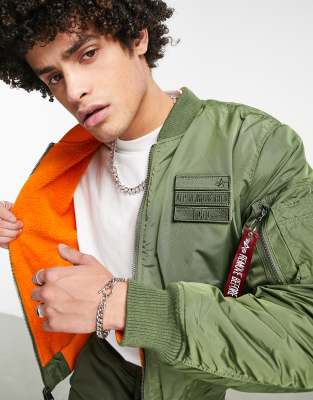 Alpha Industries MA-1 FLC reversible slim fit bomber jacket in sage green/orange