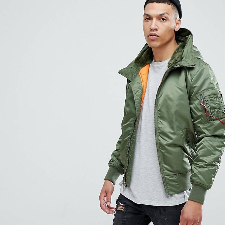 Alpha Industries MA-1 Hooded Insulated Bomber Jacket Faux Fur Lined Hood in  Sage | ASOS