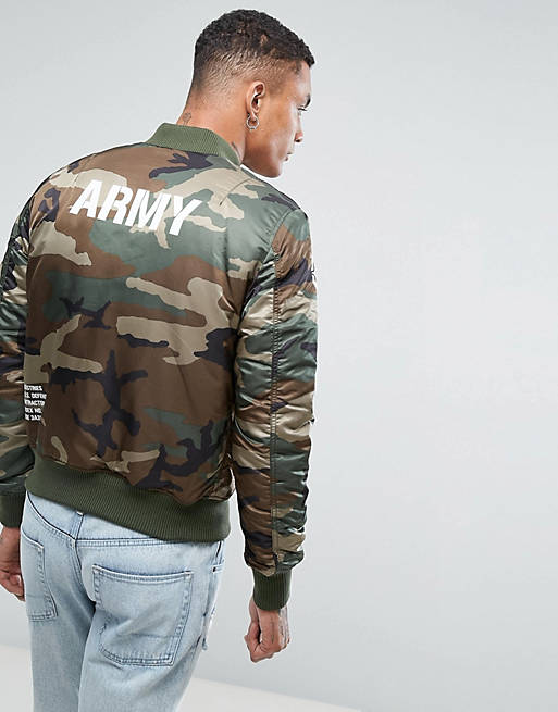 Alpha Industries MA-1 VF Army Bomber Jacket Back Print in Woodland Camo ...