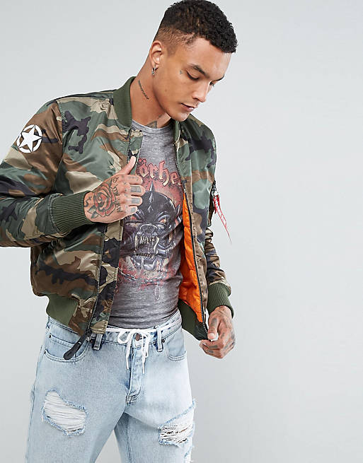 Alpha Industries MA-1 VF Army Bomber Jacket Back Print in Woodland Camo |  ASOS
