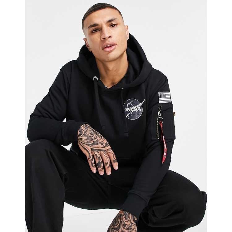 Alpha Industries NASA Kapuzenpullover mit normalem Schnitt und Space Shuttle Ruckenprint in Schwarz