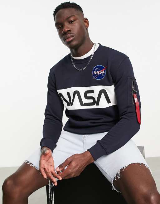 ASOS Alpha sweatshirt navy in NASA panel | logo chest Industries