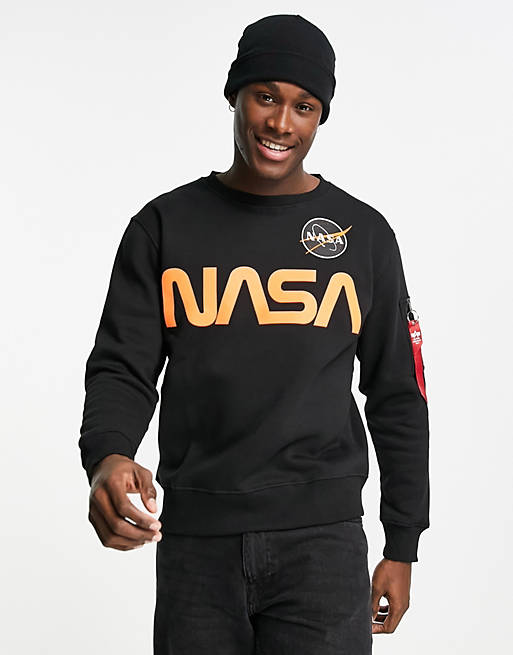Alpha Industries NASA reflective orange print sweatshirt in black | ASOS