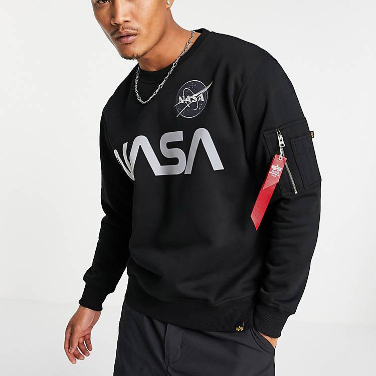 Alpha Industries NASA reflective print sweatshirt regular fit in black |  ASOS
