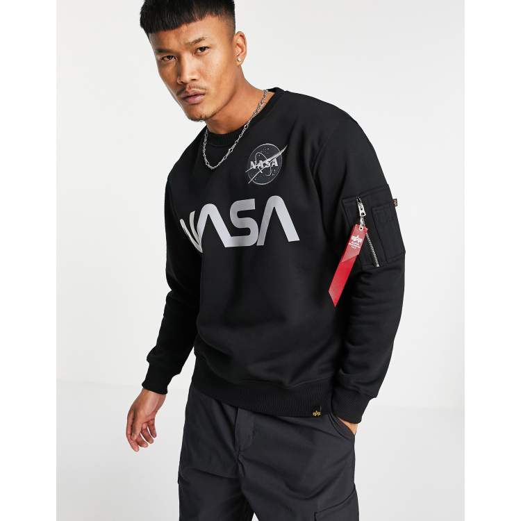 Alpha Industries NASA reflective print black sweatshirt in ASOS fit | regular