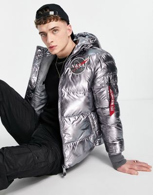 Alpha Industries NASA shiny metallic hooded puffer jacket in titan silver