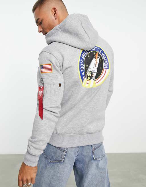 Inmundo espíritu pánico Alpha Industries NASA space shuttle back print hoodie in grey marl | ASOS