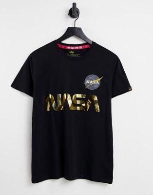 Alpha Industries - NASA - T-shirt avec imprimé réfléchissant doré - Noir
