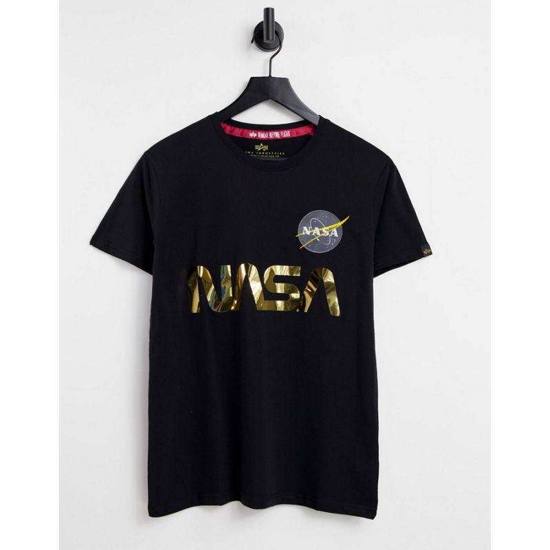 yDvdo Uomo Alpha Industries - NASA - T-shirt nera con stampa color oro riflettente
