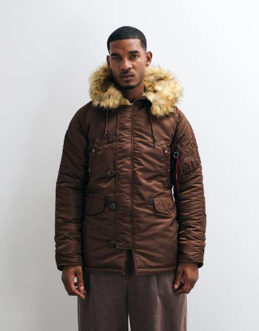 Alpha Industries parka-jakke med hætte i brun imiteret pels, 2 af 5