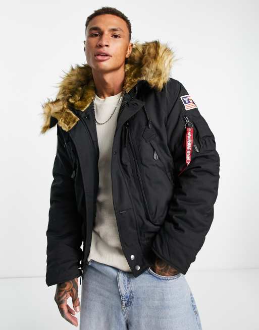 Alpha Industries Polar faux fur trim hooded bomber jacket in black | ASOS