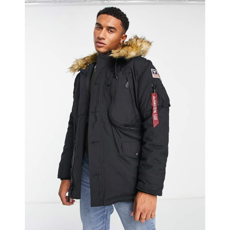 Alpha Industries Polar faux fur trim hooded parka in black ASOS